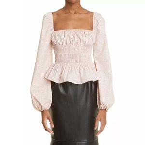 STAUD Pink Smocked Peplum Long-Sleeve Blouse